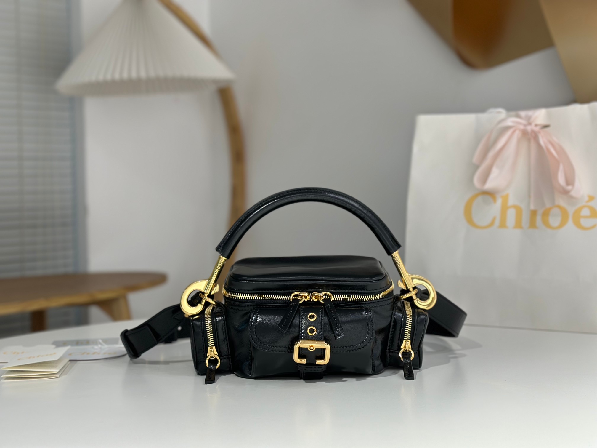 Chloe Small Camera Bag In Black Shiny Leather